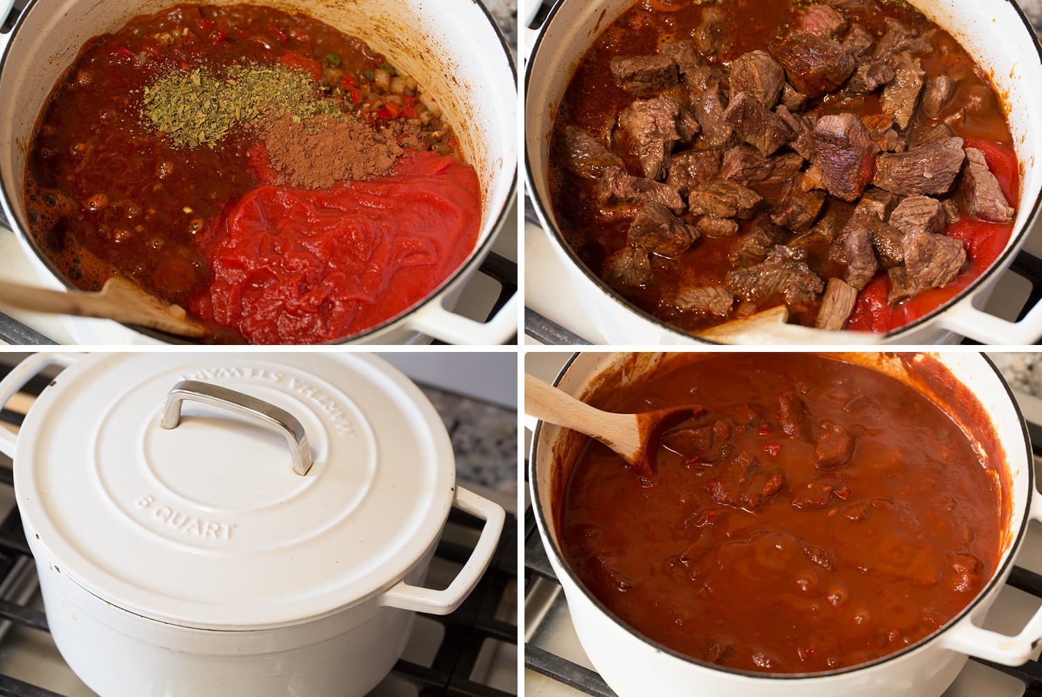 Chili con Carne Adding liquids and simmering chili con carne to finish.