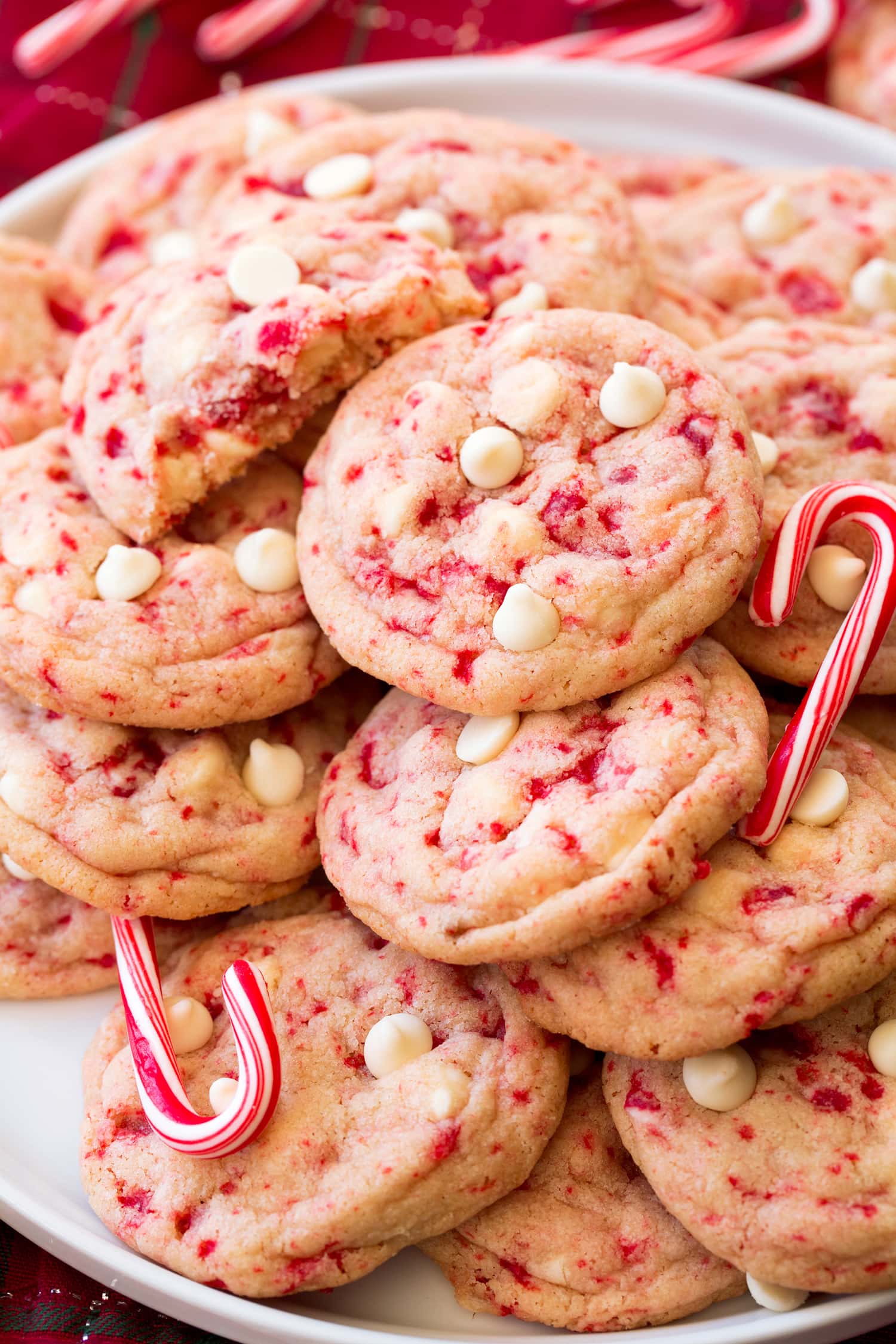 Peppermint White Chocolate Chip Cookies Close up photo of peppermint cookies showing texture.