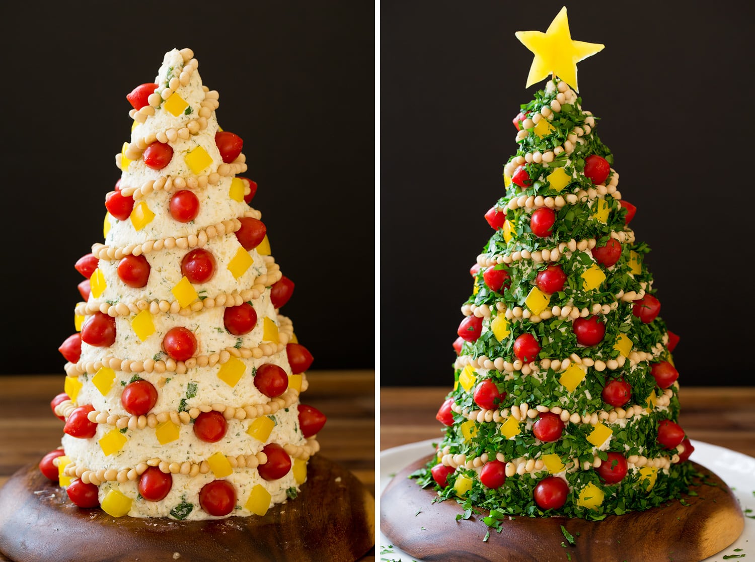 Christmas Tree Cheese Ball Decorating a cheeseball with herbs, tomatoes and pine nuts for a Christmas tree finish.