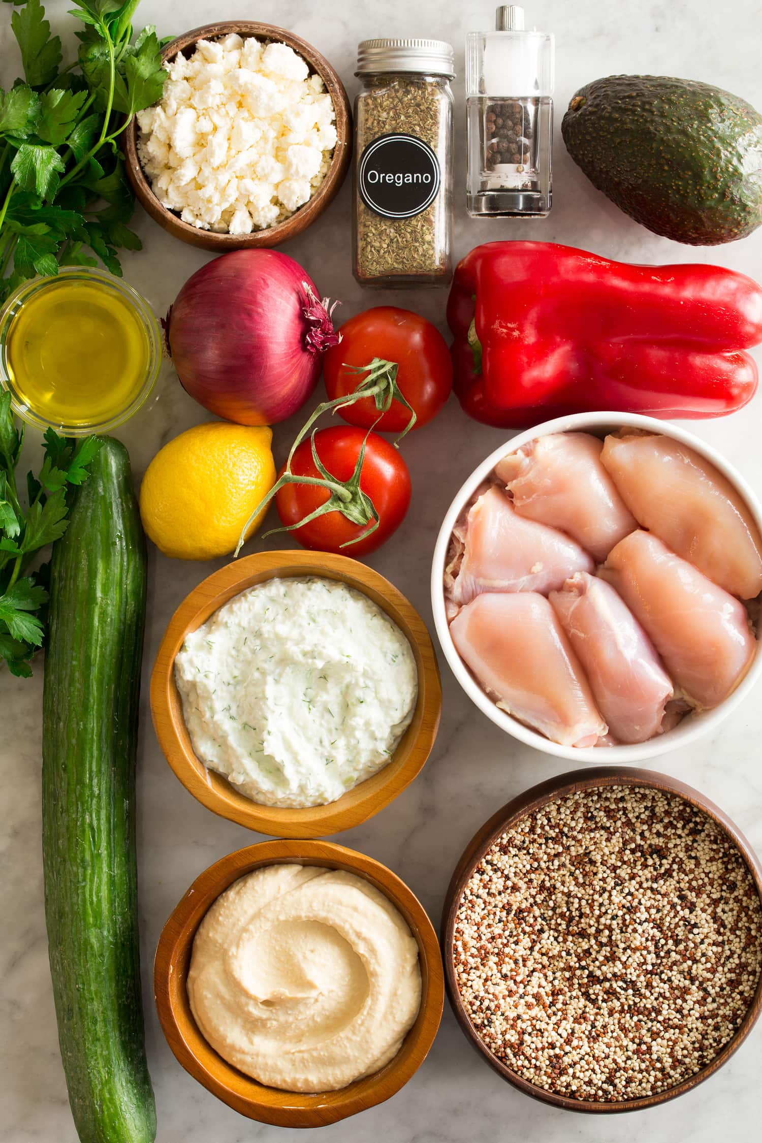Greek Bowls Ingredients needed to make an easy Greek chicken bowl.