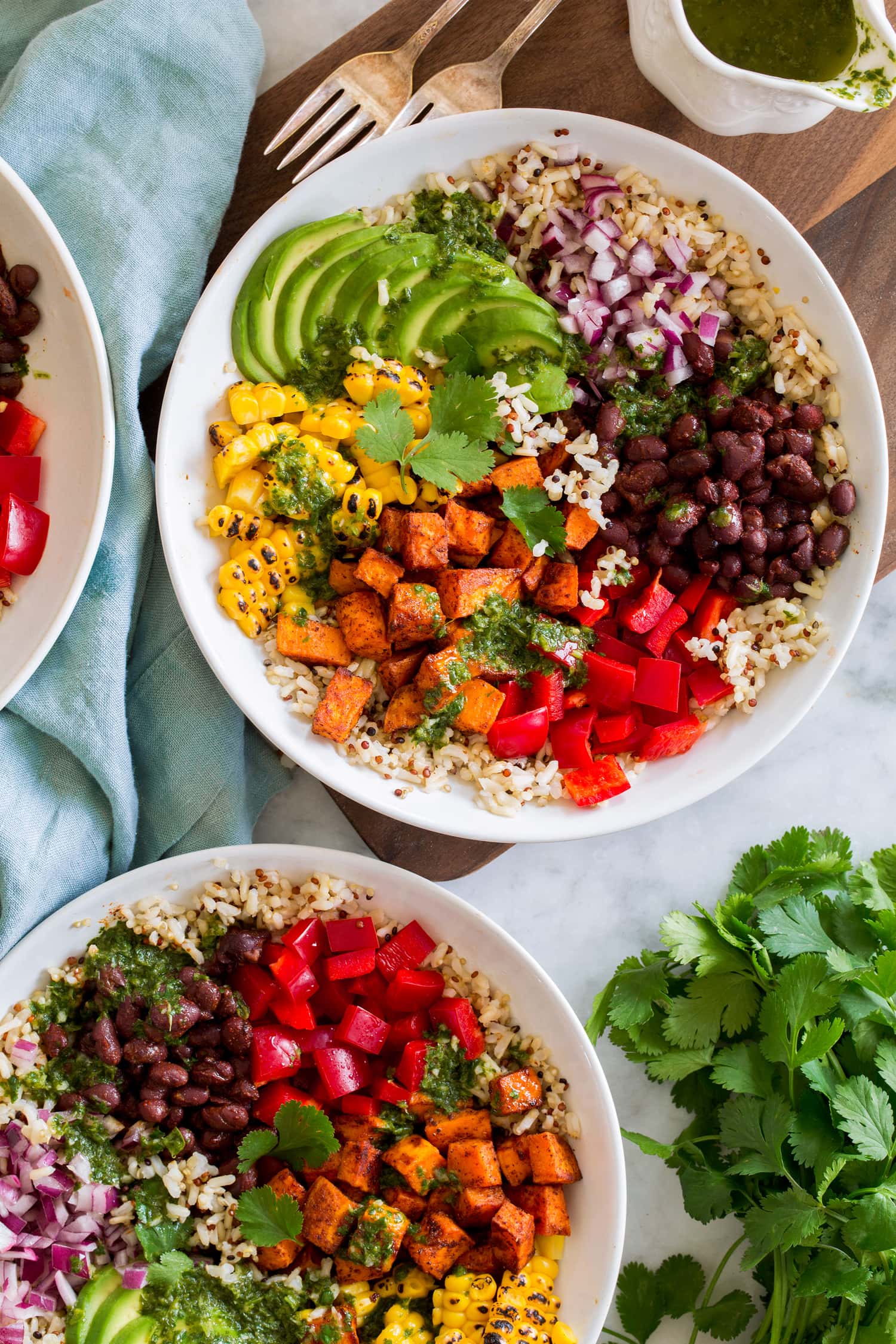 Baja Grain Bowl Baja grain bowl with whole grains, black beans, veggies and a cilantro dressing.