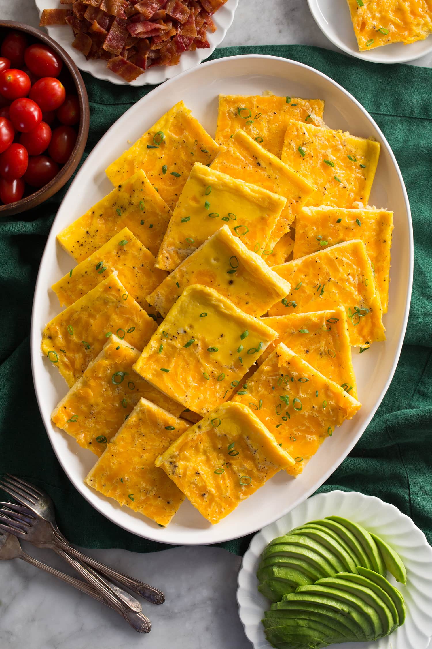 Sheet Pan Eggs Squares of eggs that were baked in the oven and cut.