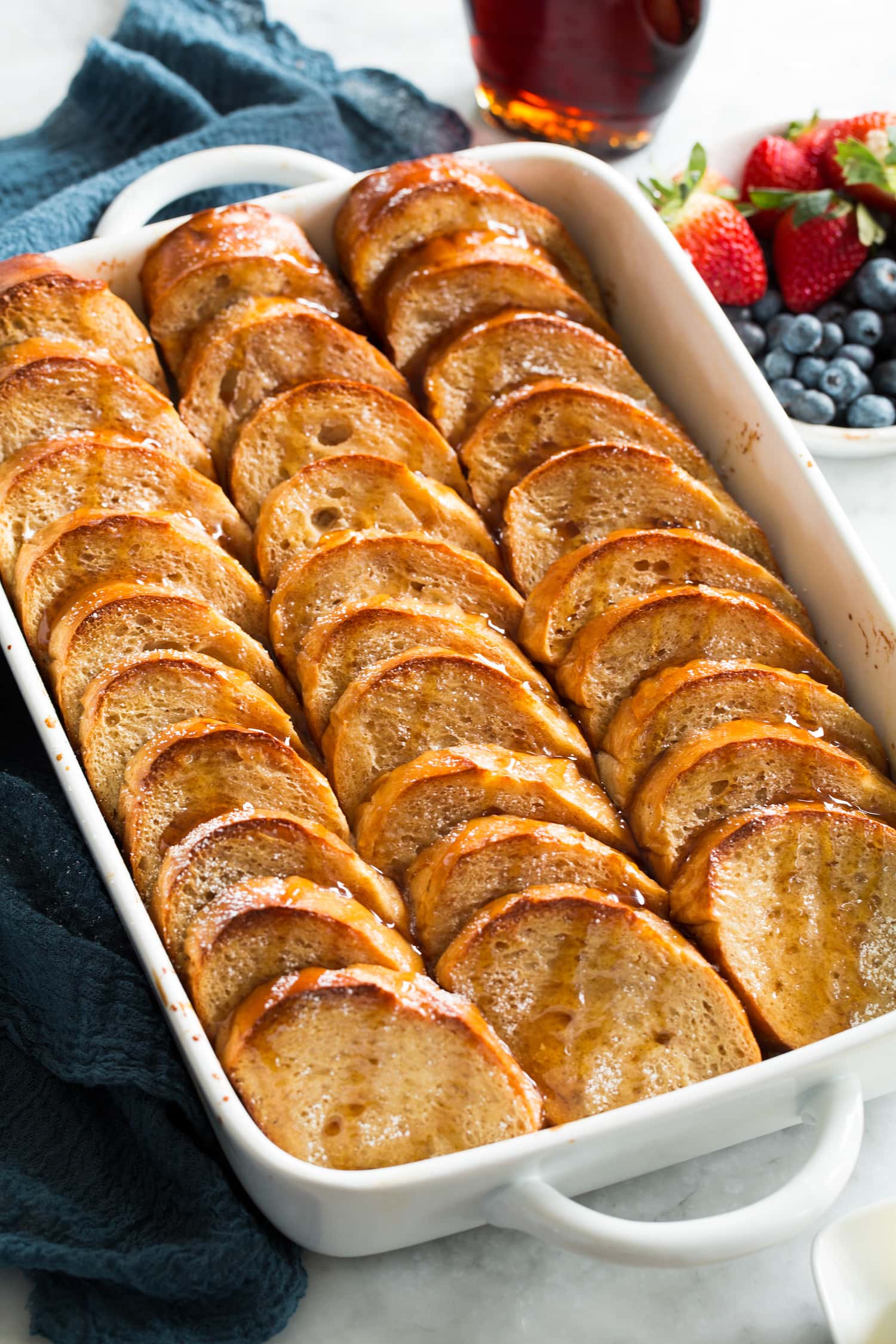 Baked French Toast Baked french toast in a white baking dish.