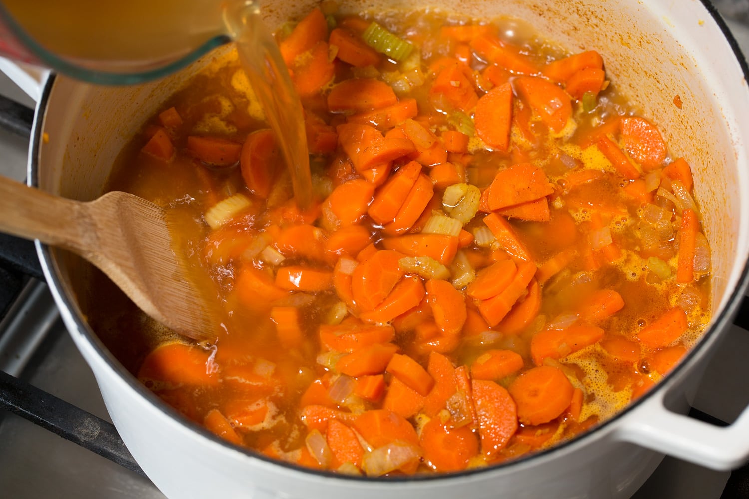 Carrot Soup Vegetable broth added to soup.