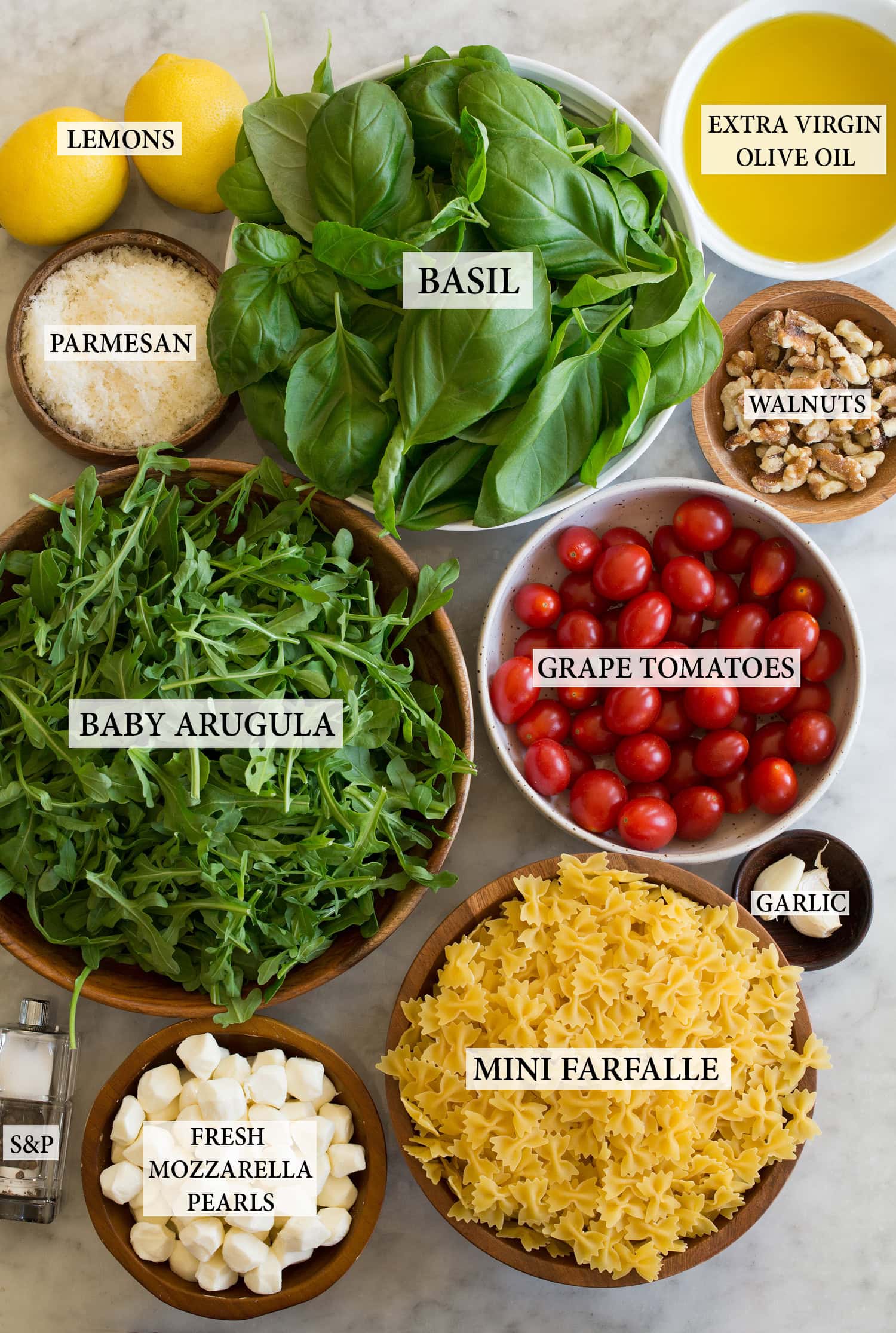 Pesto Pasta Salad Labeled ingredients needed for pesto pasta salad.