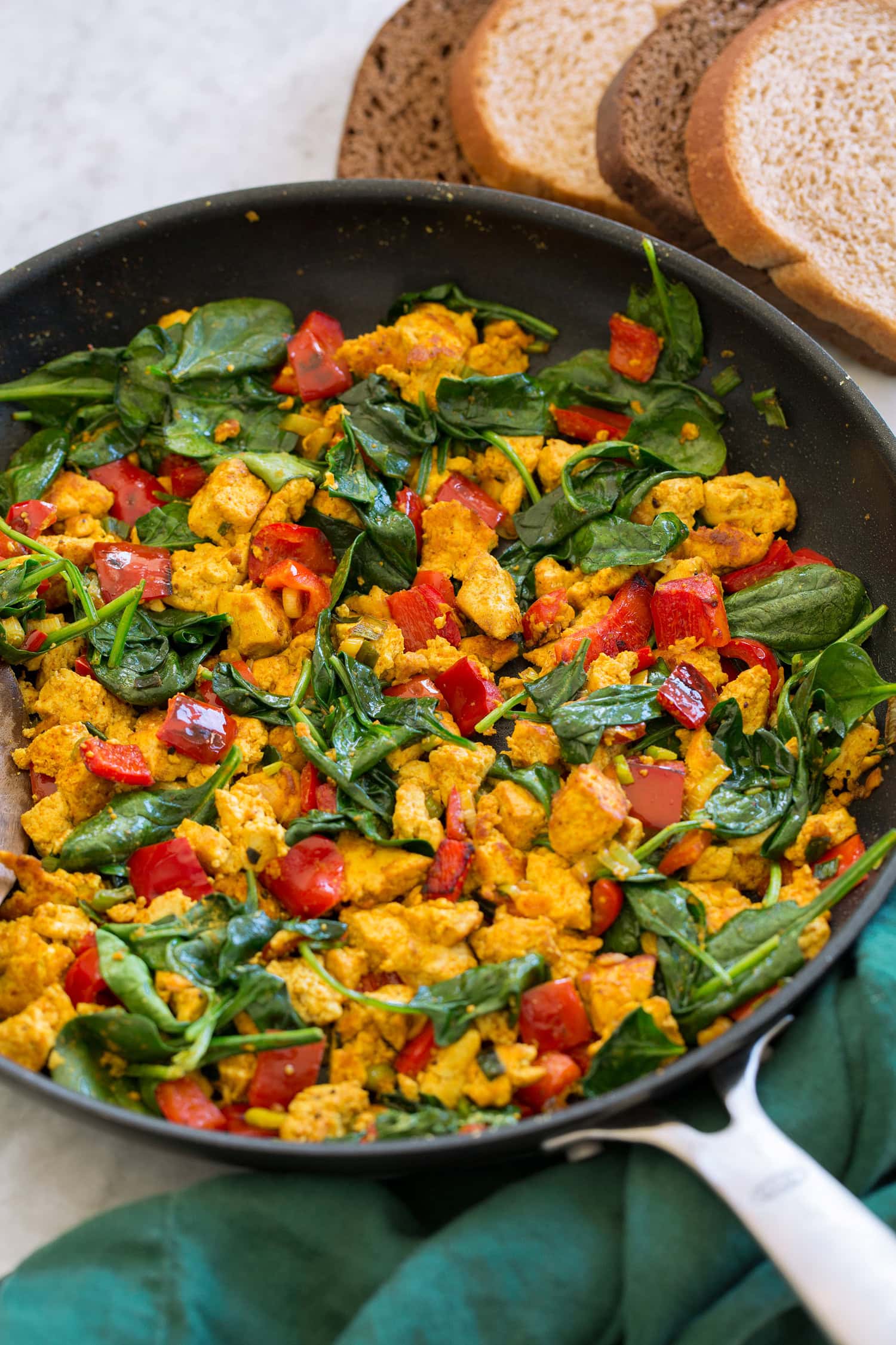 Tofu Scramble Finished tofu scramble in skillet.