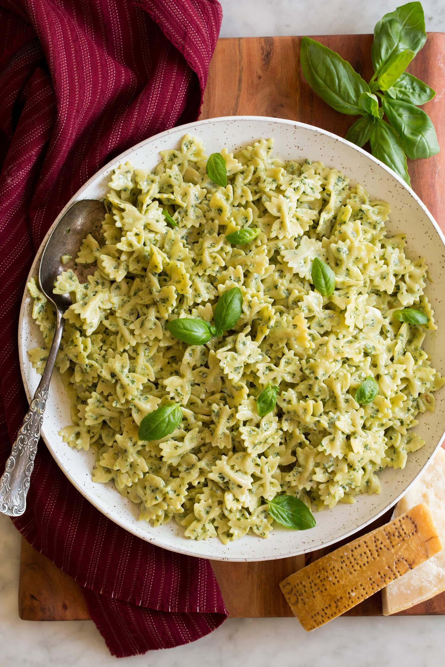 Creamy Pesto Pasta Creamy bow tie pasta with pesto.