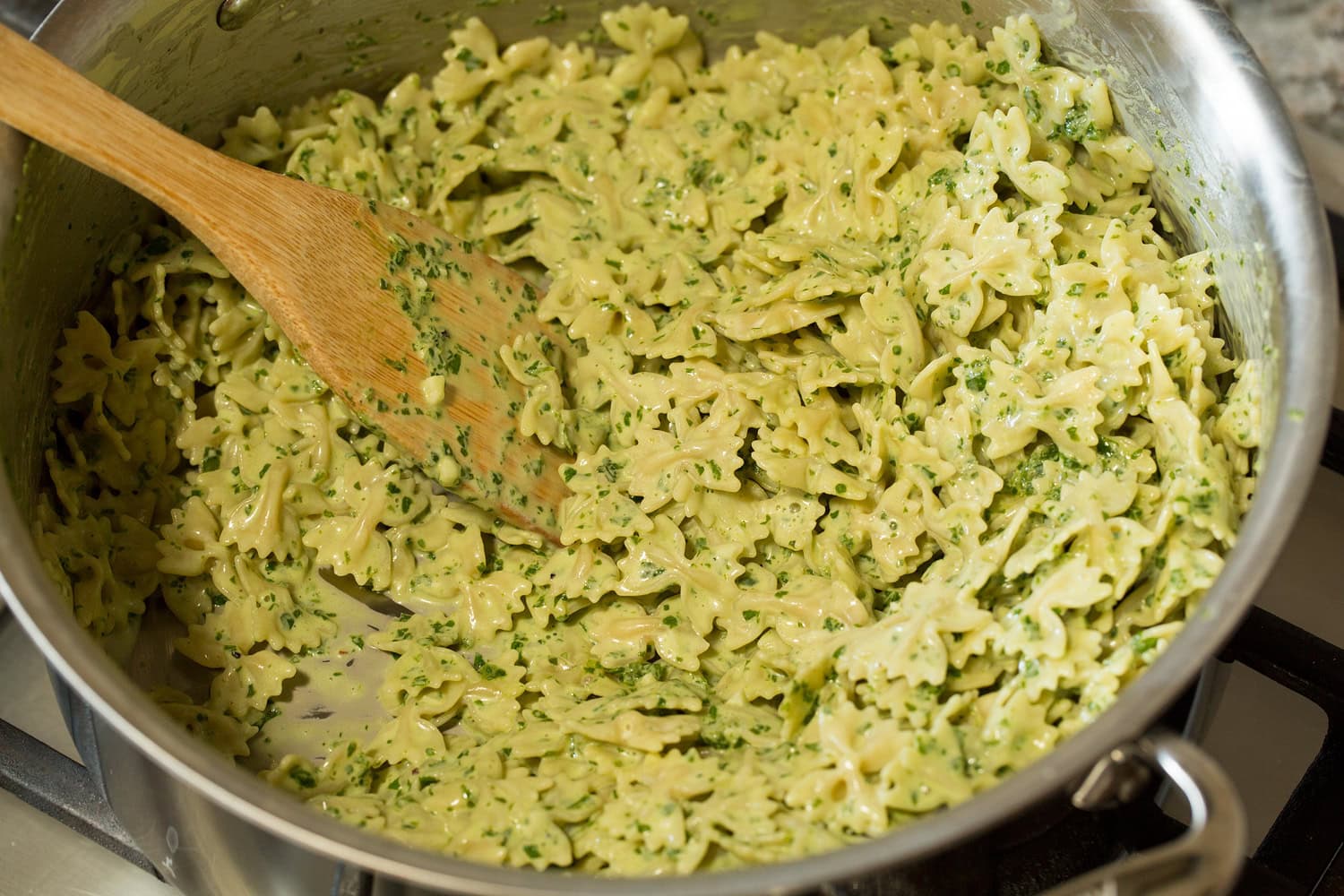 Creamy Pesto Pasta Creamy pesto pasta tossed together and completed.
