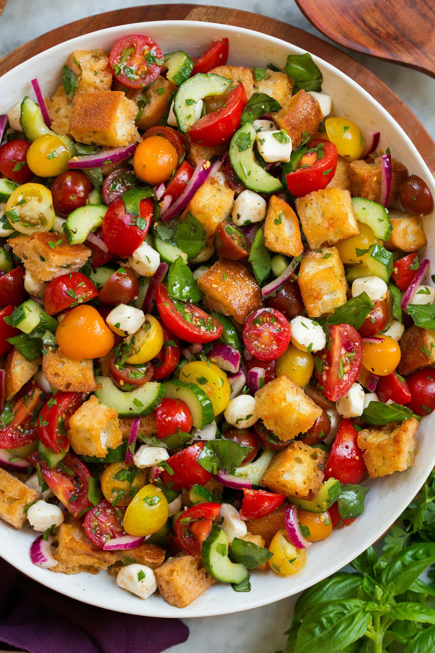 Panzanella Salad Overhead photo of homemade panzanella salad.
