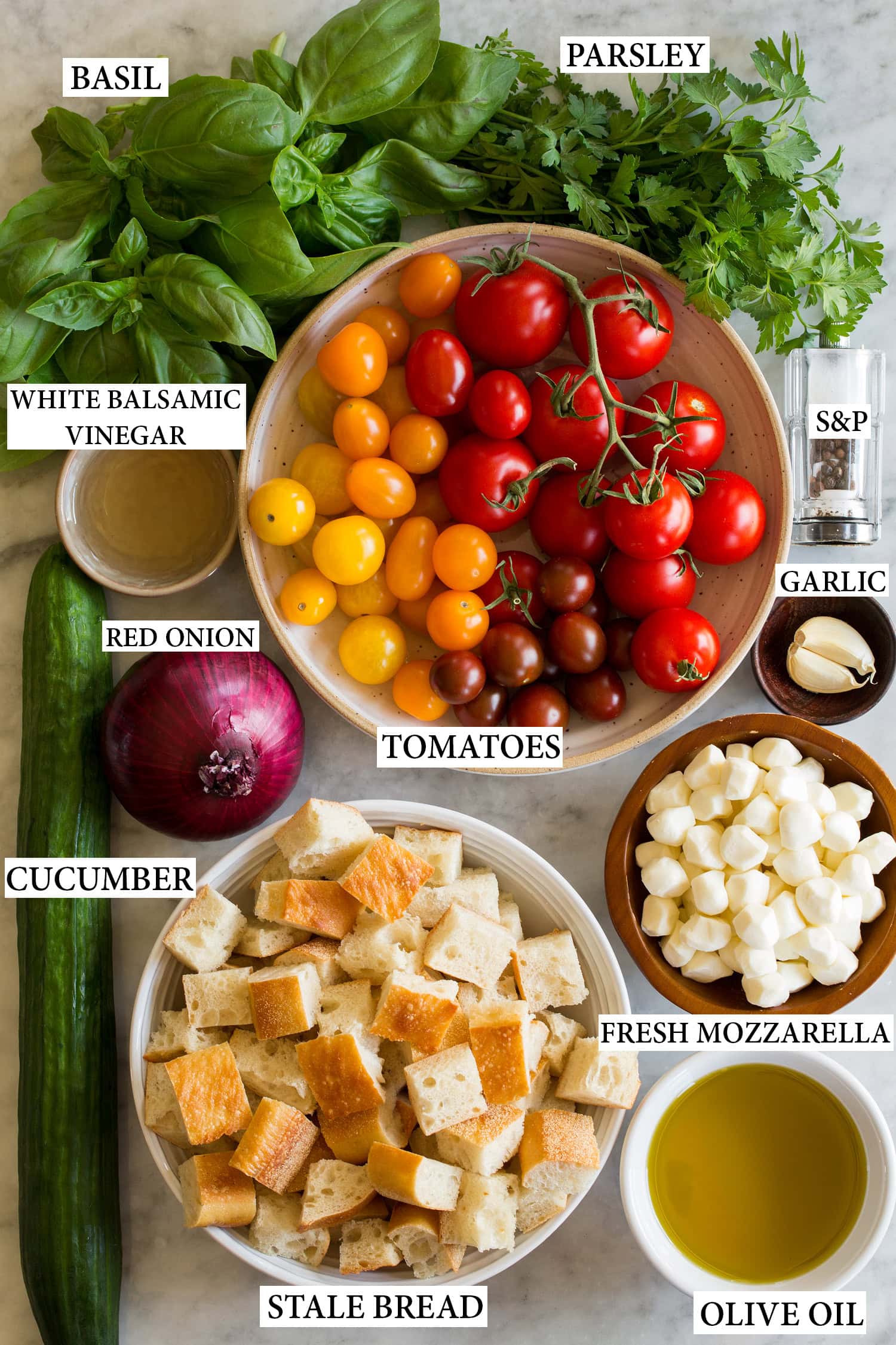 Panzanella Salad Ingredients used to make panzanella salad.