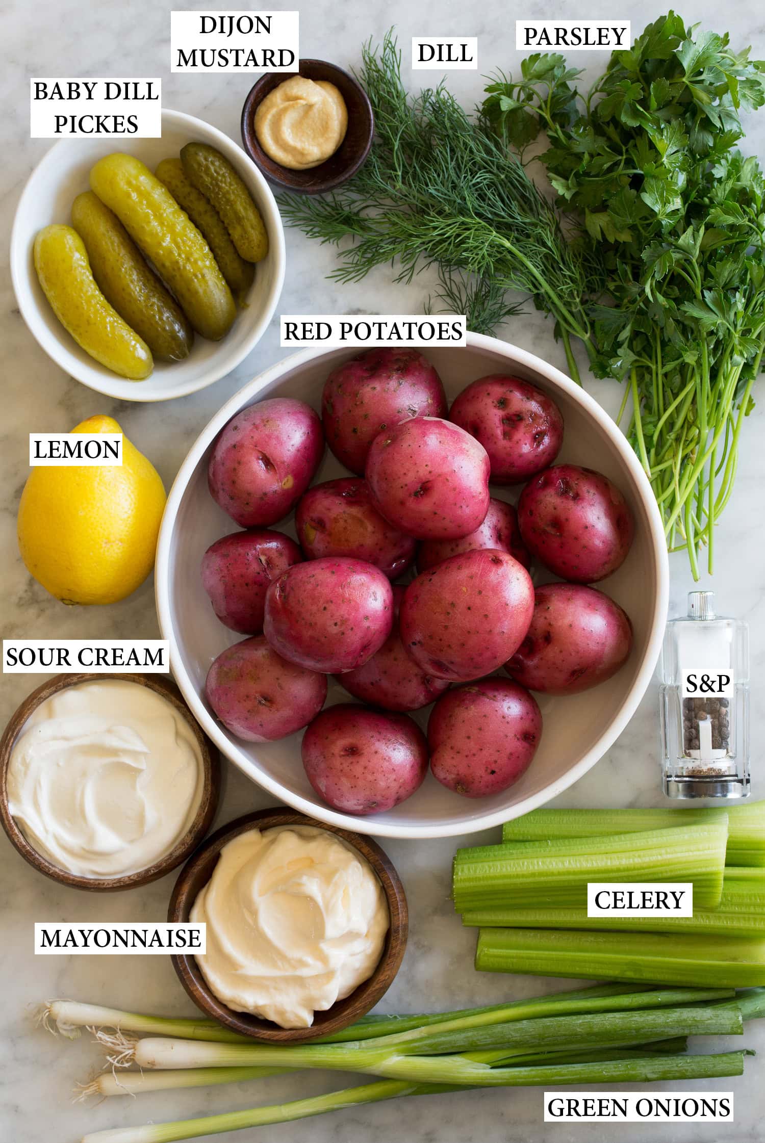Red Potato Salad Ingredients used to make a red skinned potato salad.