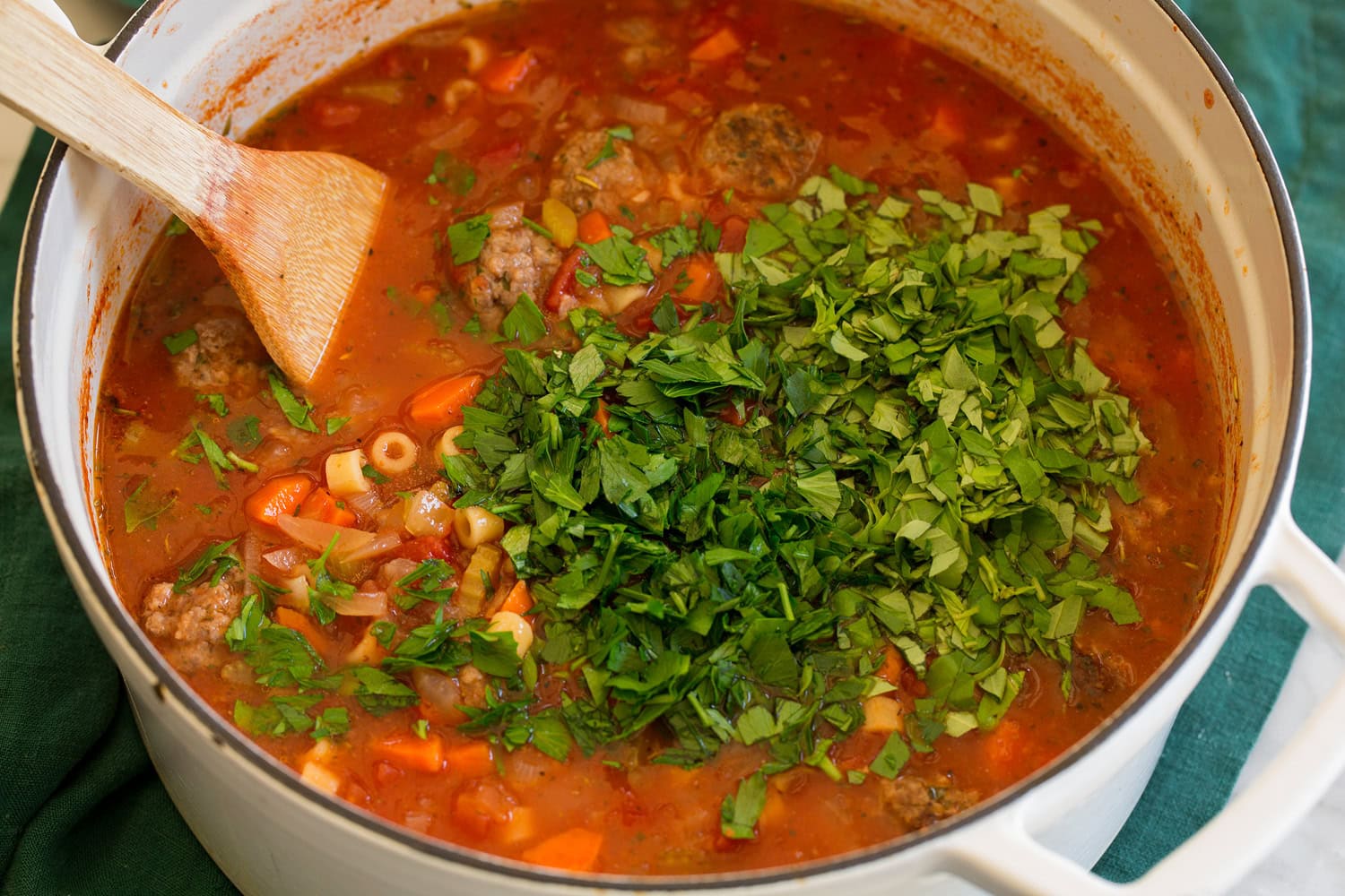 Meatball Soup Herbs added to soup.