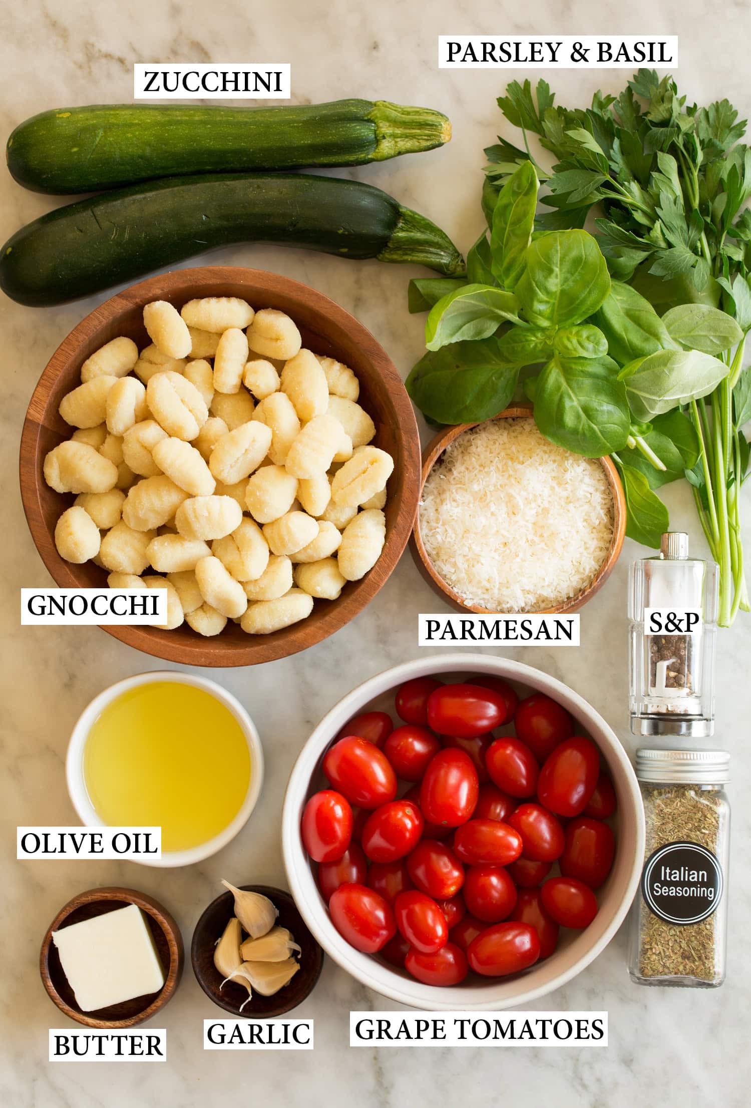 Sheet Pan Gnocchi with Zucchini and Tomatoes Ingredients needed to make sheet pan gnocchi.
