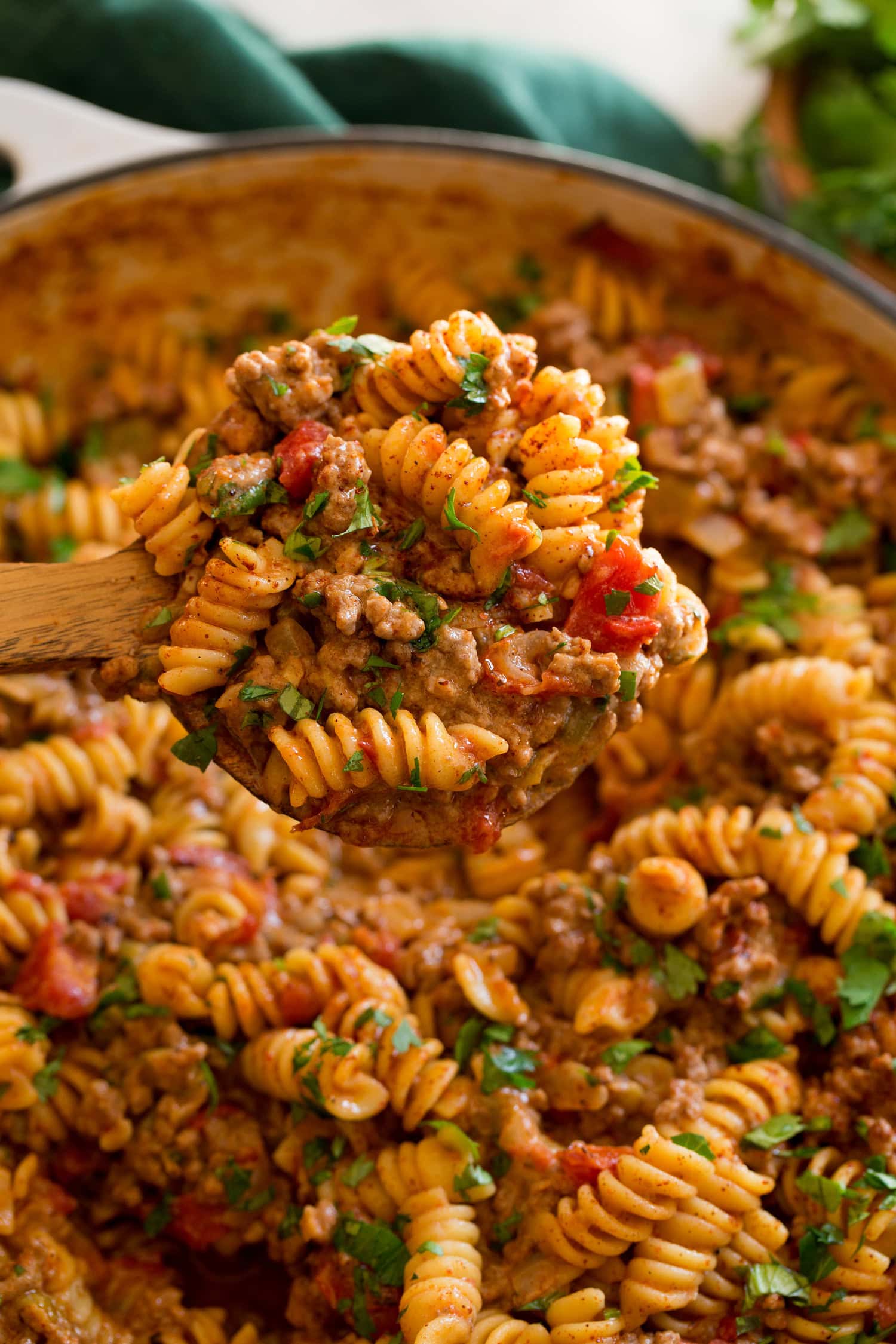Taco Pasta Close up photo of scoop of taco pasta.