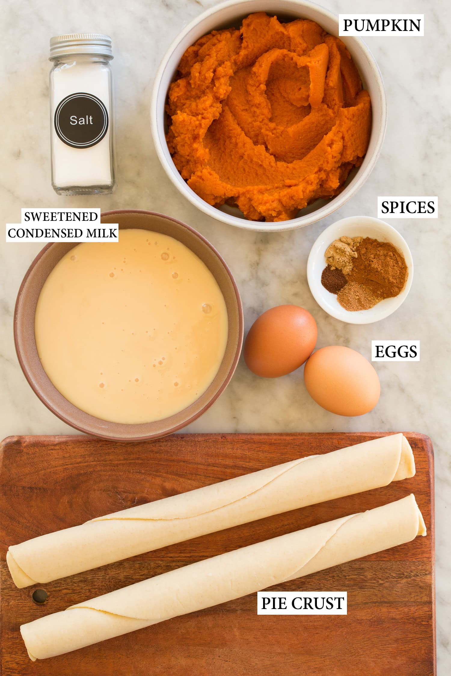 Mini Pumpkin Pies Ingredients used to make individual pumpkin pies.
