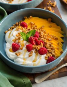 Whipped yogurt shown with honey drizzled over, fruit and granola on the side.