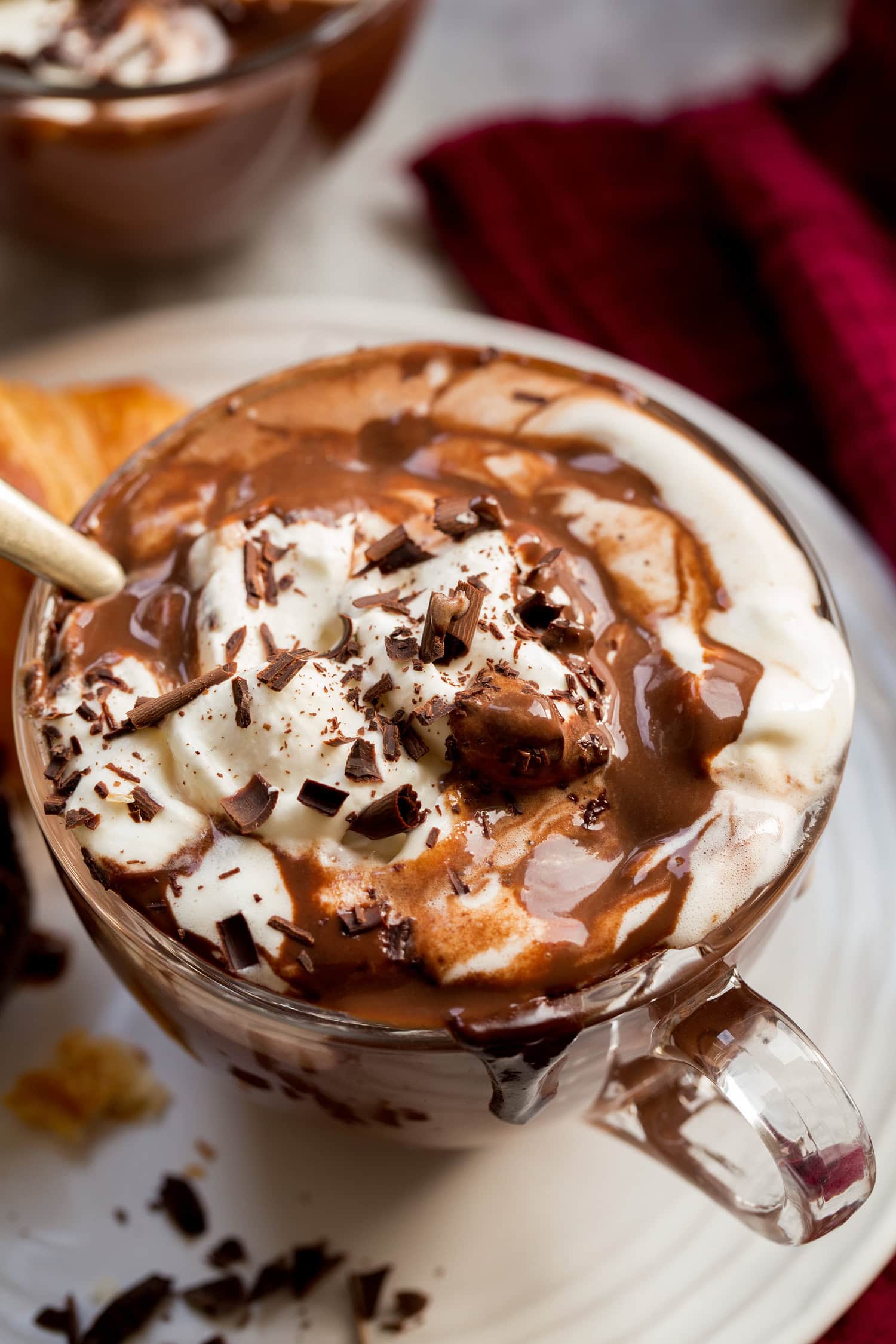 French Hot Chocolate Close up photo of thick French hot chocolate with whipped cream.