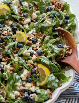 Blueberry salad with spinach, arugula, pecans, feta and lemon poppy seed dressing.