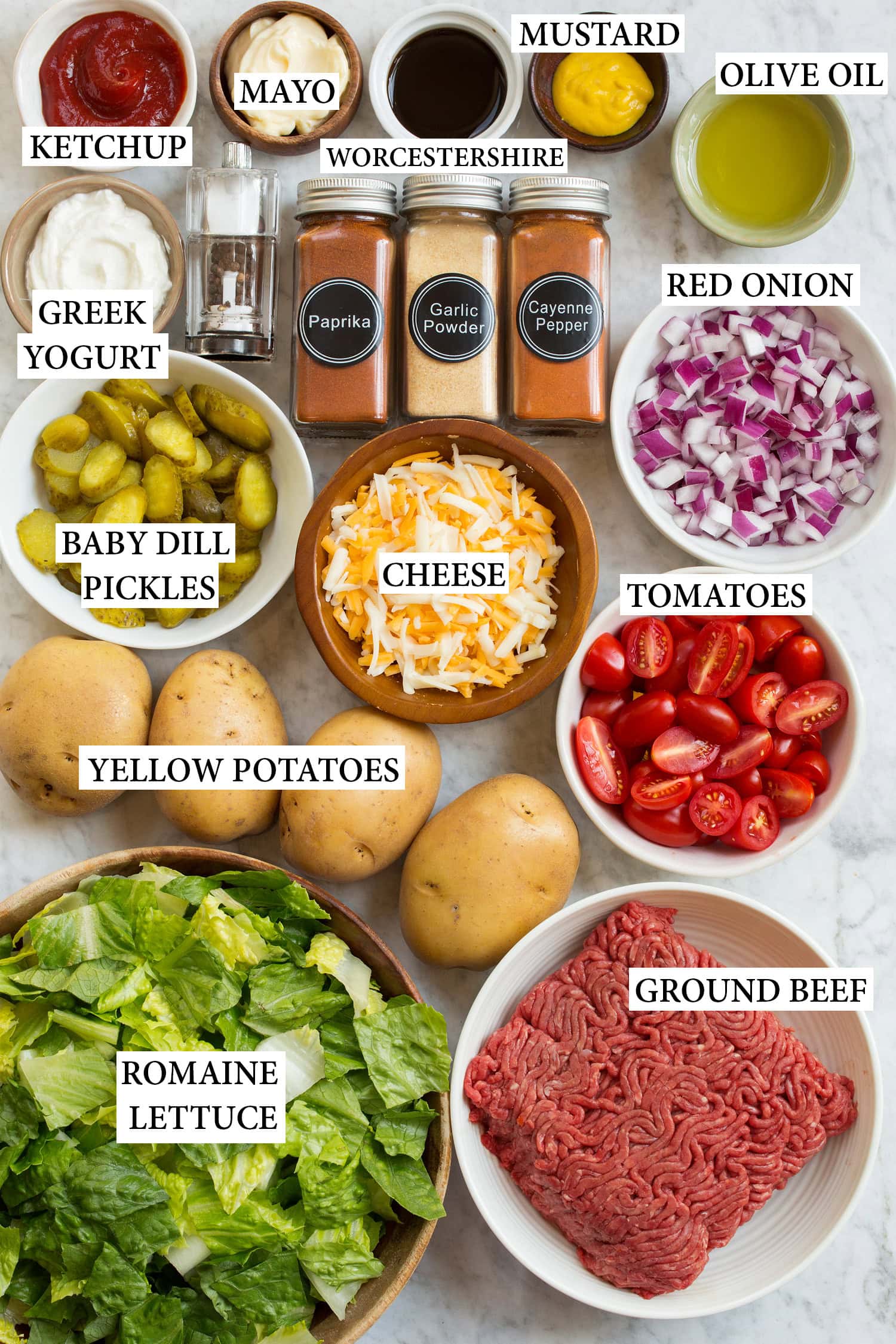 Burger Bowls Ingredients used to make burger bowls.