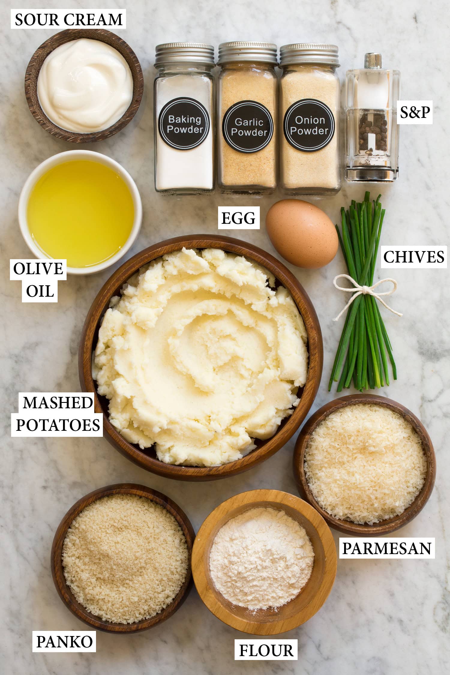 Ingredients used to make homemade mashed potato cakes from leftover mashed potatoes.