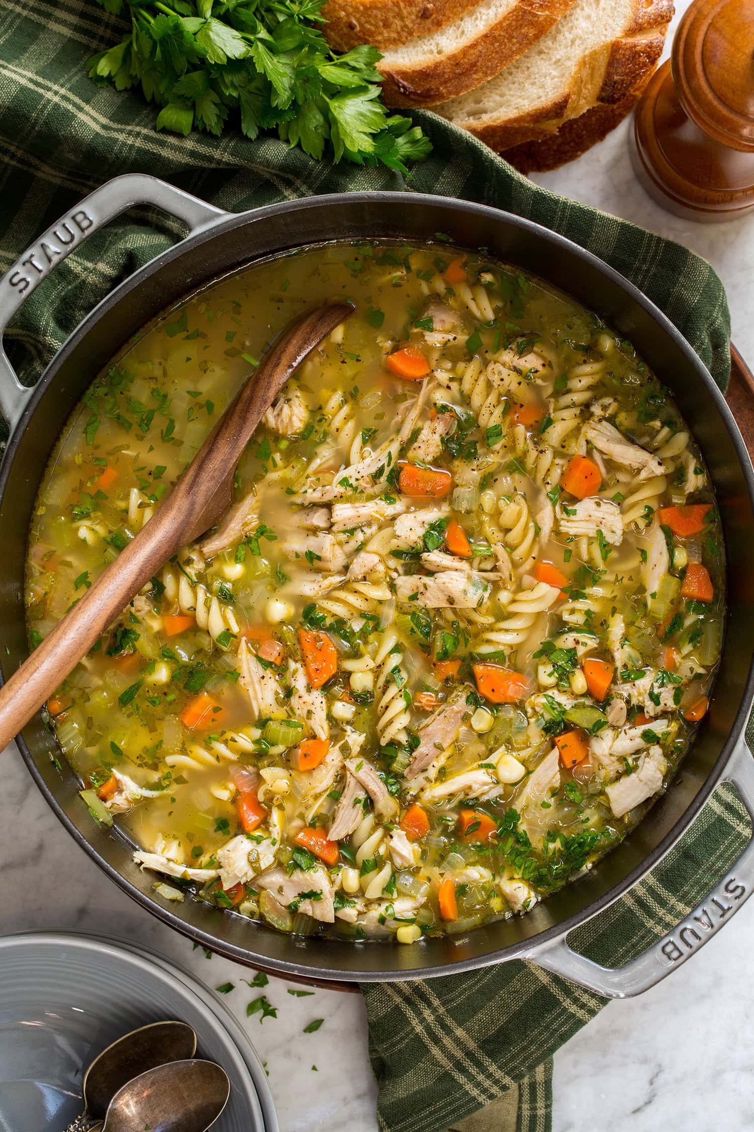 Turkey Soup Overhead photo of turkey noodle soup.