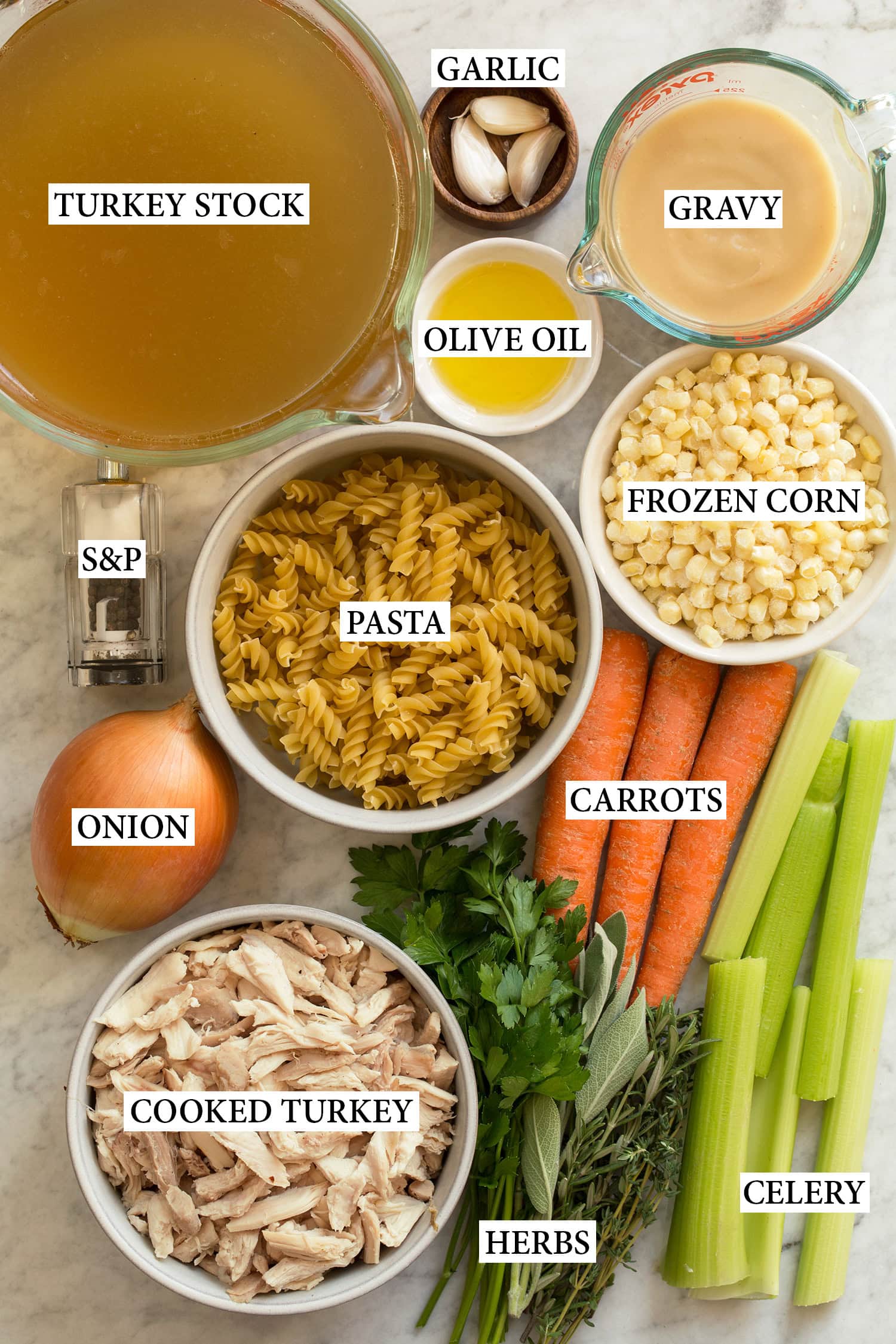 Turkey Soup Ingredients used to make turkey soup from scratch.