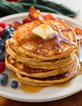 Close up photo of stack of homemade protein pancakes.