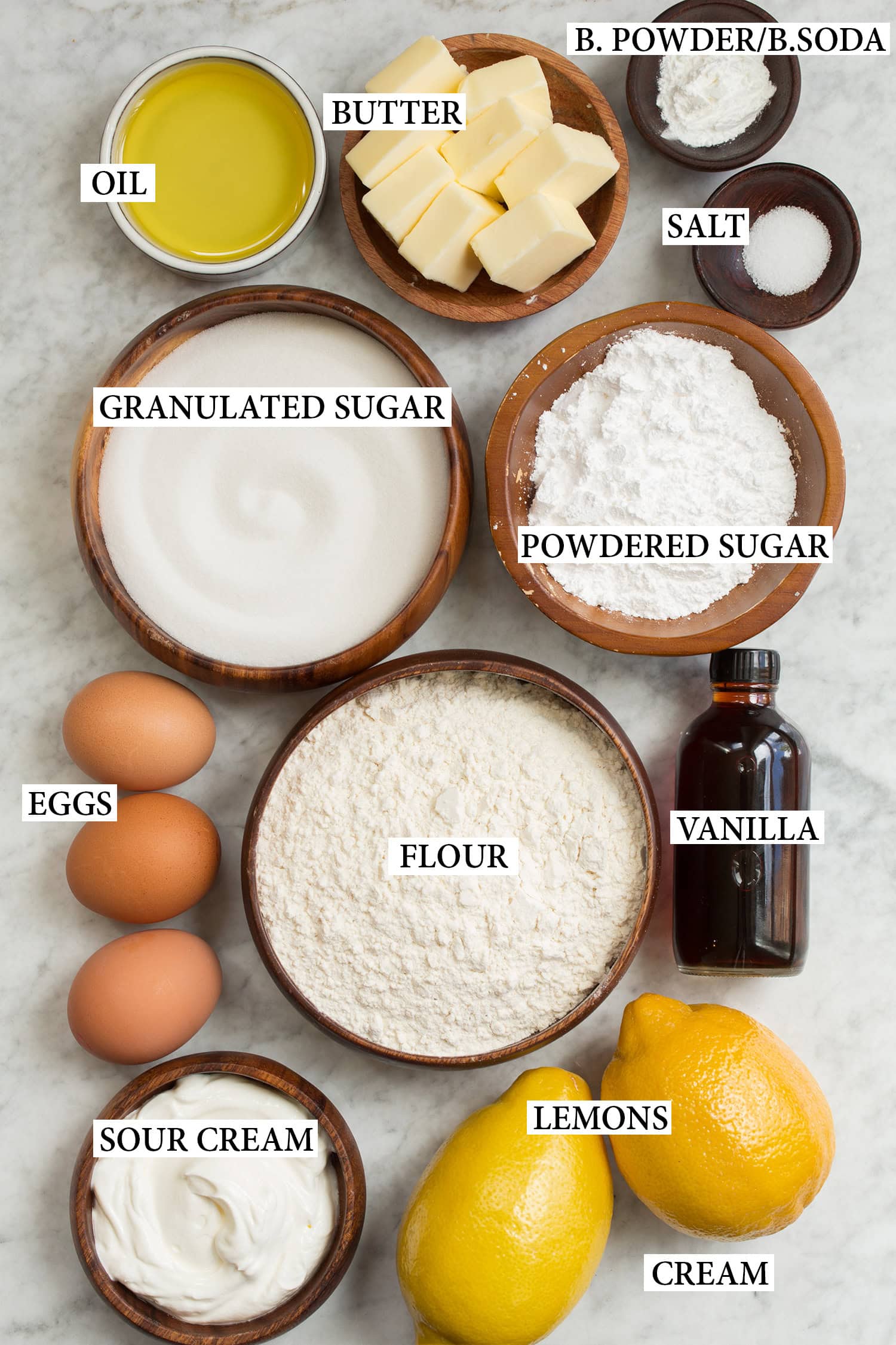 Lemon Pound Cake Ingredients used to make lemon pound cake.