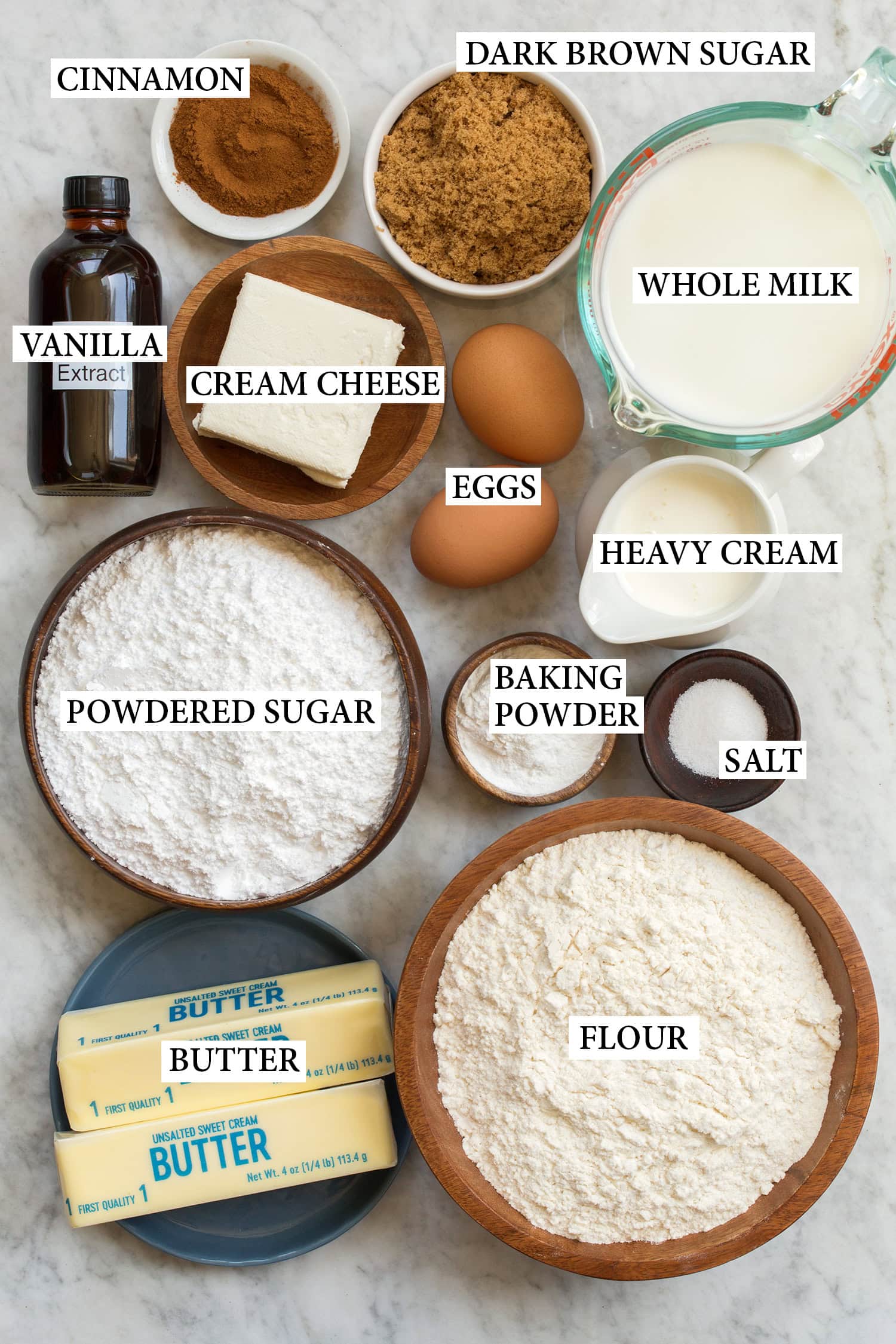 Cinnamon Roll Pancakes Ingredients used to make homemade cinnamon roll pancakes.